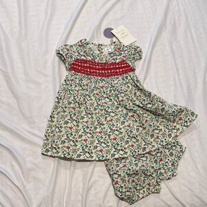 Floral Baby Dress with Red Smocked Chest